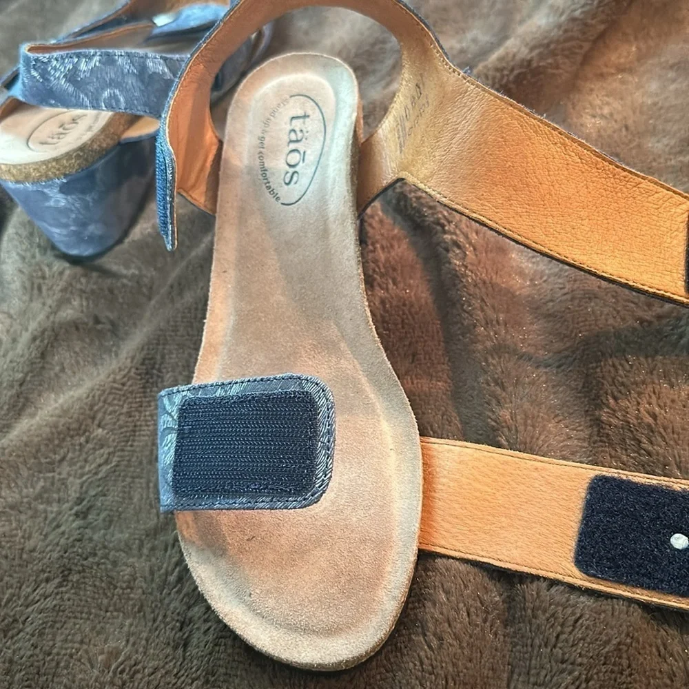 TAOS  Carousel 2 Blue Floral Leather Wedge Sz 7/7.5